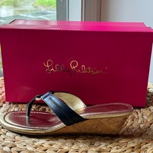 Lilly Pulitzer navy cork wedge heels with gold accents